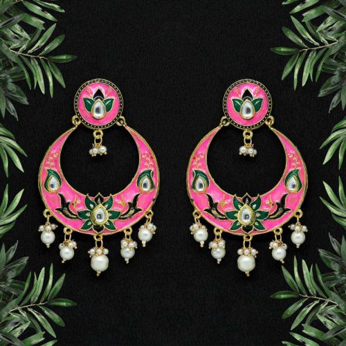 Pink Color Kundan Meenakari Earrings