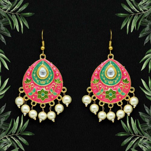 Pink Color Kundan Meenakari Earrings