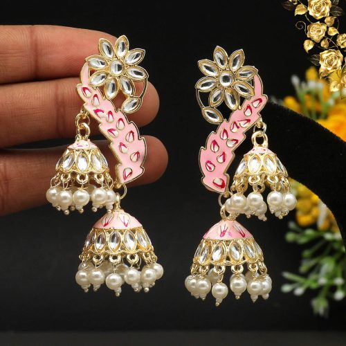 Pink Color Kundan Meenakari Earrings