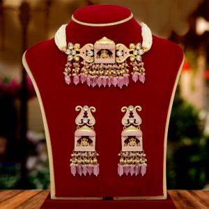 Pink Color Kundan Meenakari Necklace Set-0