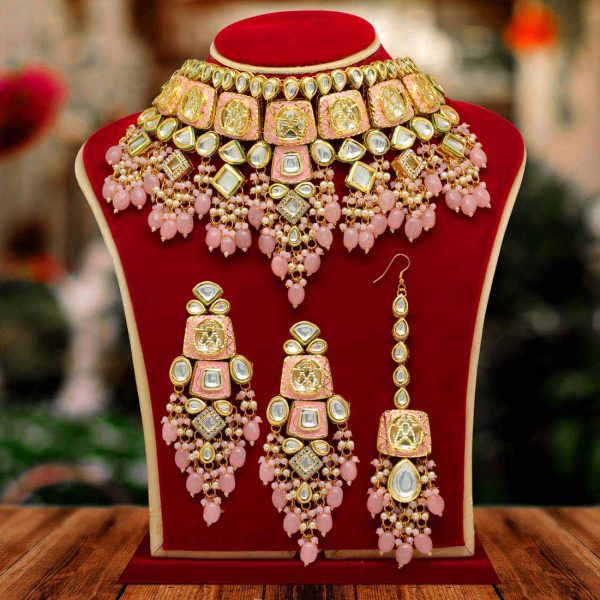 Pink Color Kundan Meenakari Necklace Set-0