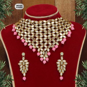 Pink Color Kundan Mirror Necklaces Set-0