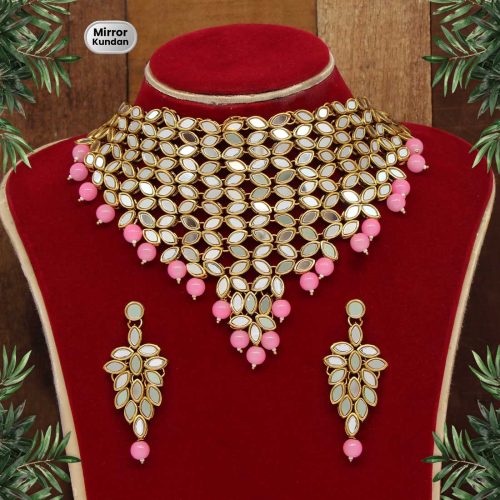Pink Color Kundan Mirror Necklaces Set