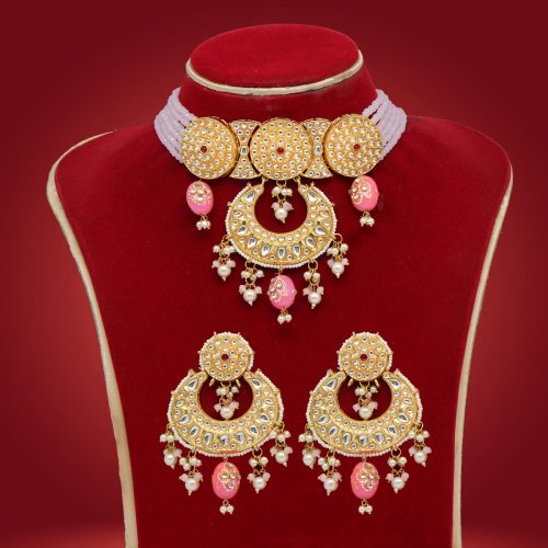 Pink Color Kundan Necklace Set