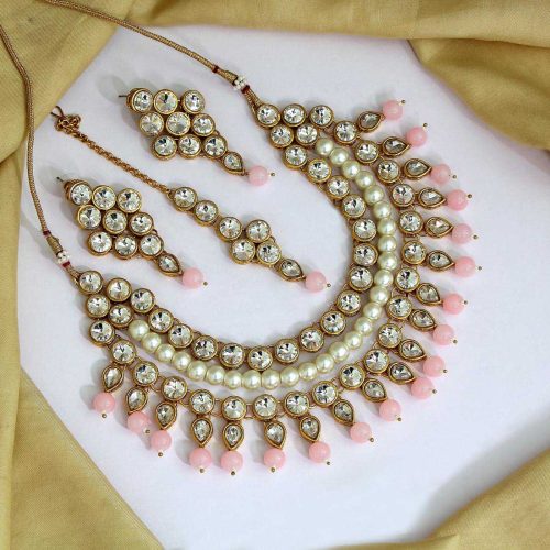 Pink Color Kundan Necklace Set