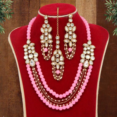 Pink Color Kundan Necklace Set