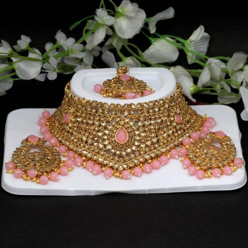 Pink Color Kundan Necklace Set