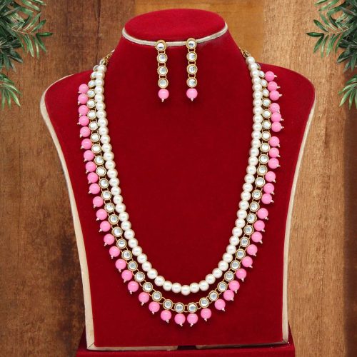 Pink Color Kundan Necklace Set