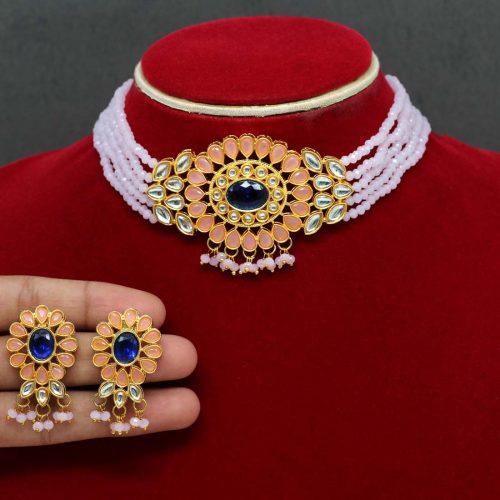 Pink Color Kundan Necklace Set