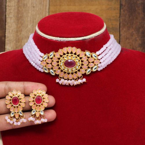 Pink Color Kundan Necklace Set