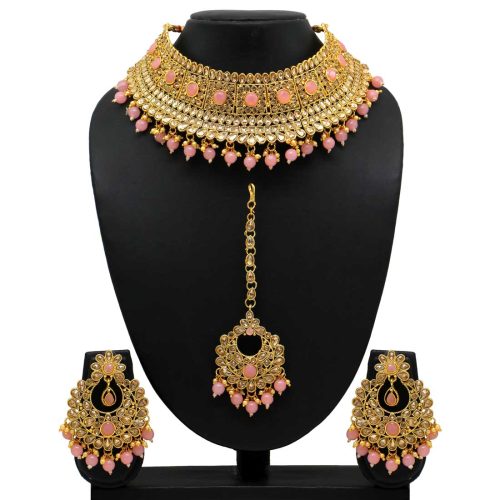 Pink Color Kundan Polki Choker Necklace Set