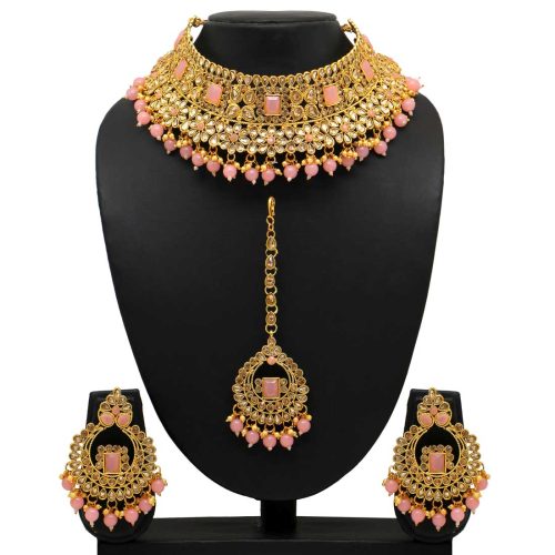 Pink Color Kundan Polki Choker Necklace Set