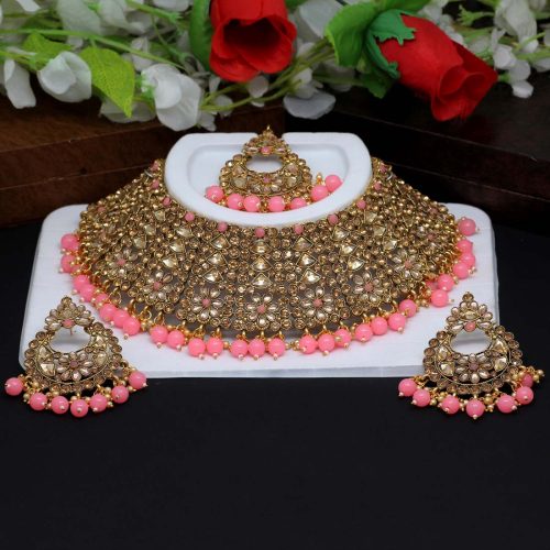 Pink Color Kundan Polki Choker Necklace Set