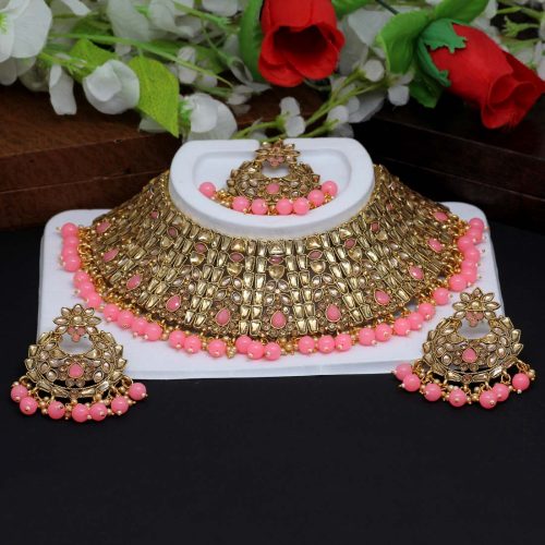 Pink Color Kundan Polki Choker Necklace Set