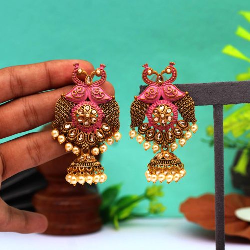 Pink Color Mint Meena Tample Earrings