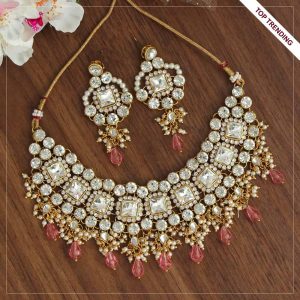 Pink Color Necklace With Earrings-0