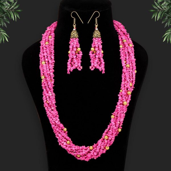 Pink Color Onyx Stone Necklace Set-10698