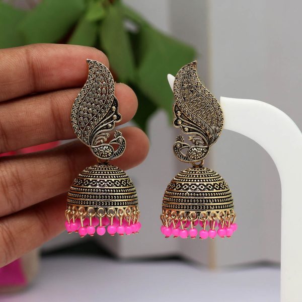 Pink Color Oxidised Earrings-12935