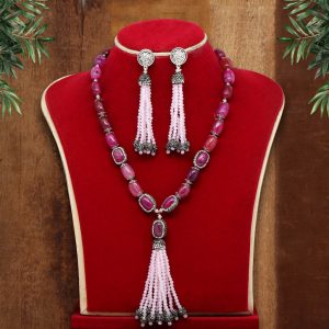 Pink Color Oxidised Stone Necklace Set-0