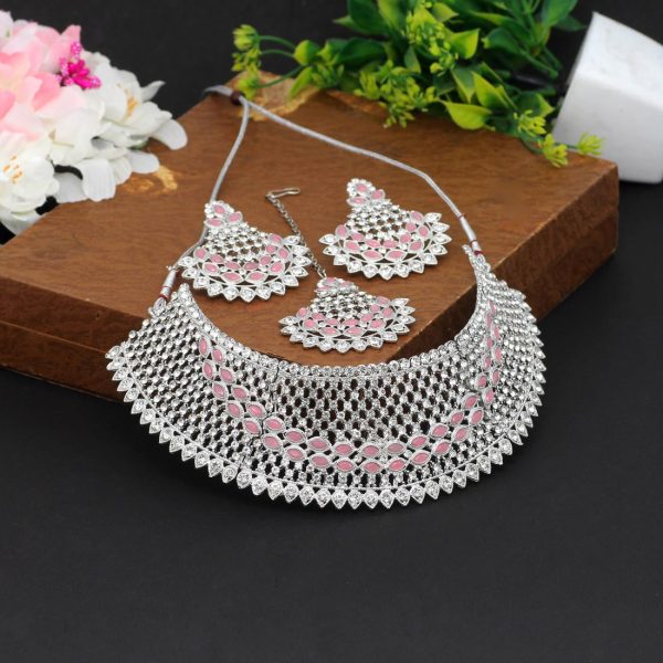 Pink Color Stone Choker Necklace Set-0