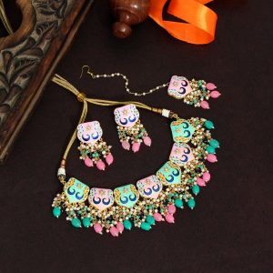Pink & Pista Green Color Kundan Meenakari Necklace Set-0