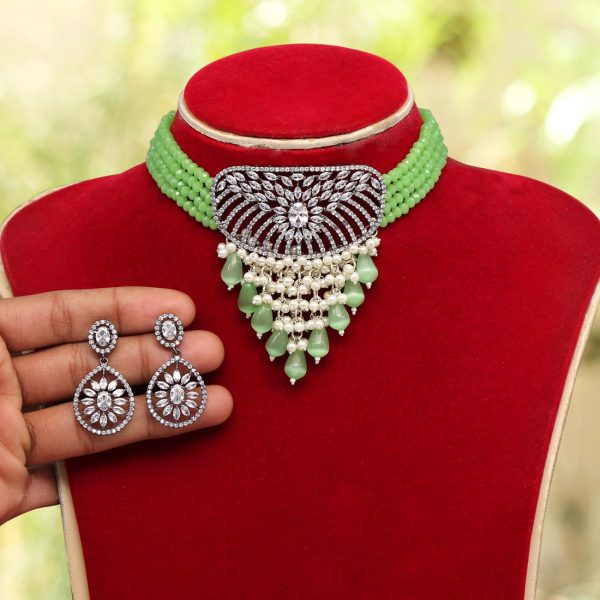 Pista Green Color American Diamond Choker Necklace Set-0