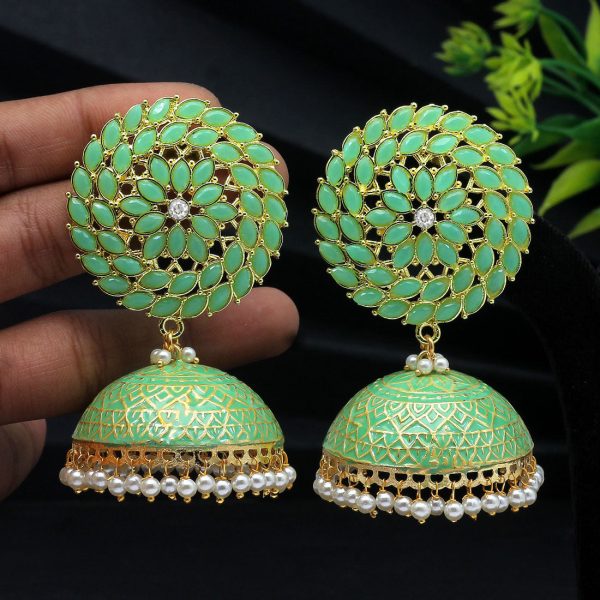 Pista Green Color Big Jhumka Meenakari Earrings-0
