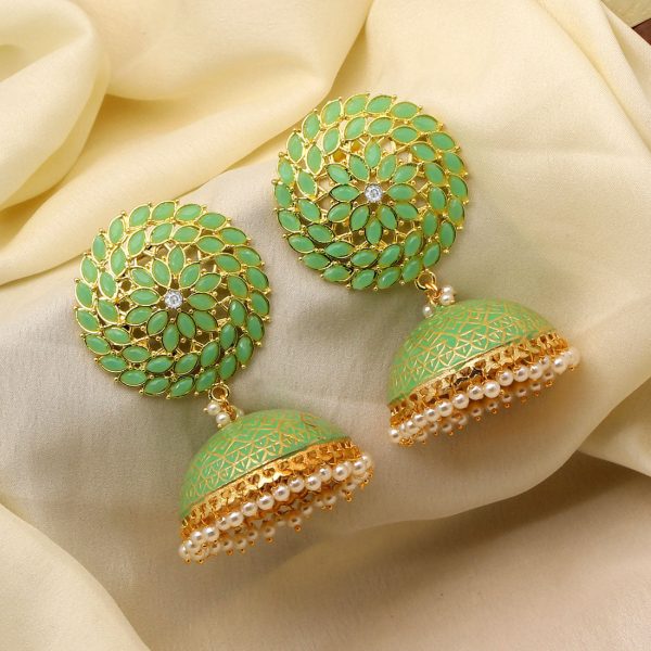 Pista Green Color Big Jhumka Meenakari Earrings-3573