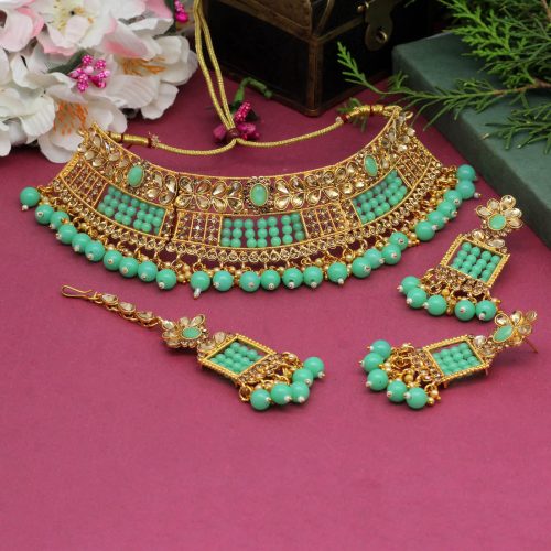 Pista Green Color Choker Kundan Polki Necklace Set