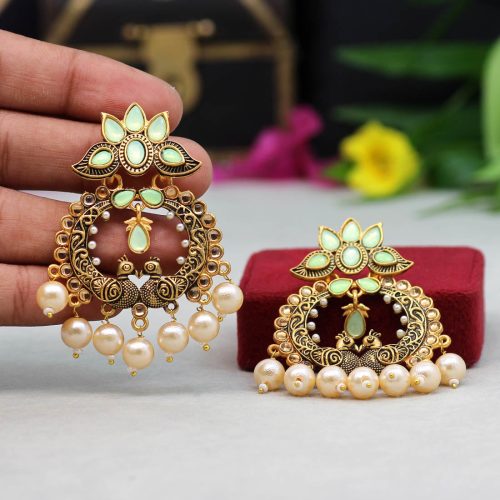 Pista Green Color Colorful Kundan Antique Earrings