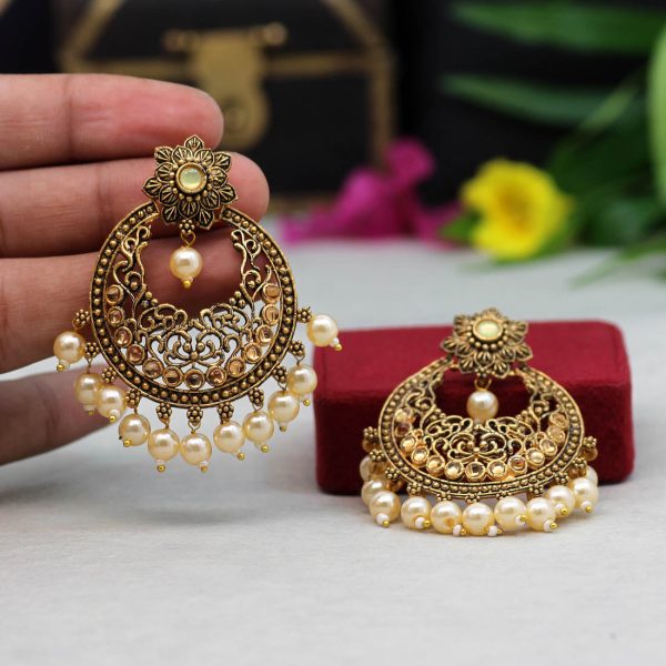 Pista Green Color Colorful Kundan Antique Earrings-12322