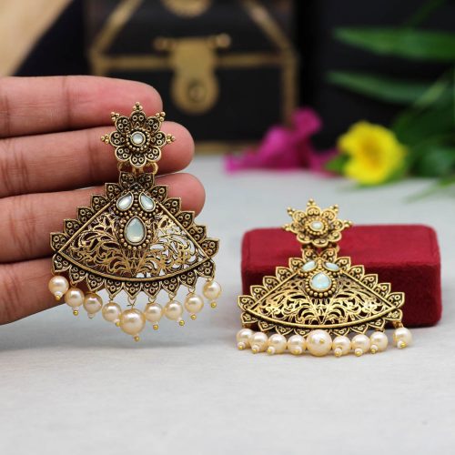 Pista Green Color Colorful Kundan Antique Earrings