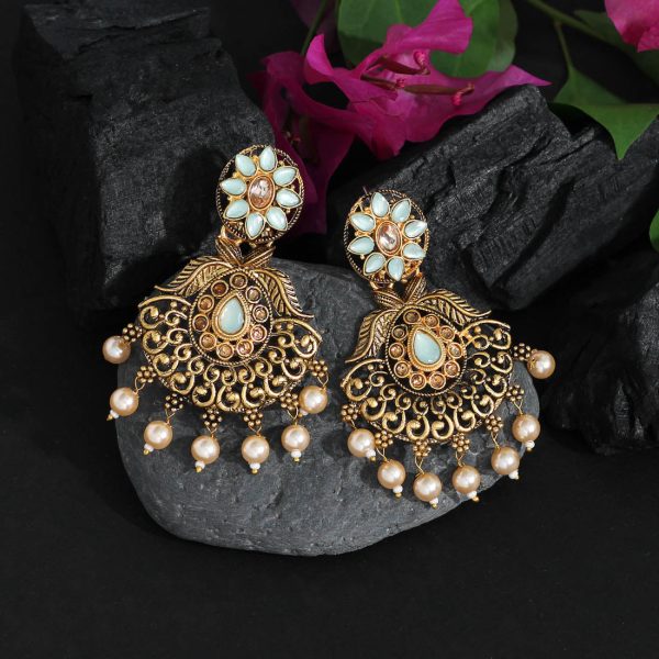 Pista Green Color Colorful Kundan Antique Earrings-14588