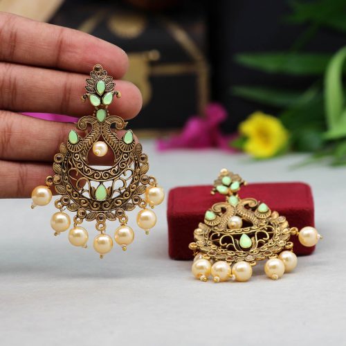 Pista Green Color Colorful Kundan Antique Earrings