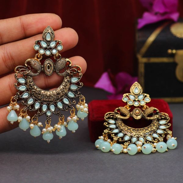 Pista Green Color Colorful Kundan Antique Earrings-14223