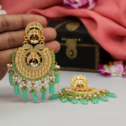 Pista Green Color Kundan Earrings