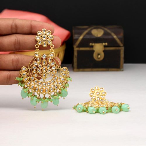 Pista Green Color Kundan Earrings