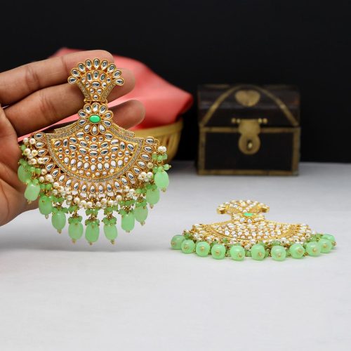 Pista Green Color Kundan Earrings