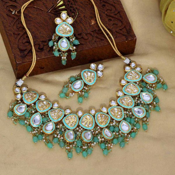Pista Green Color Kundan Meena Necklace Set-0