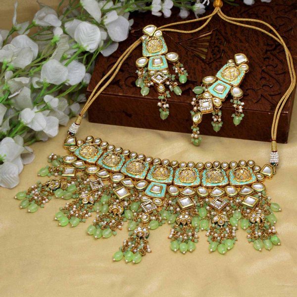 Pista Green Color Kundan Meena Necklace Set-0