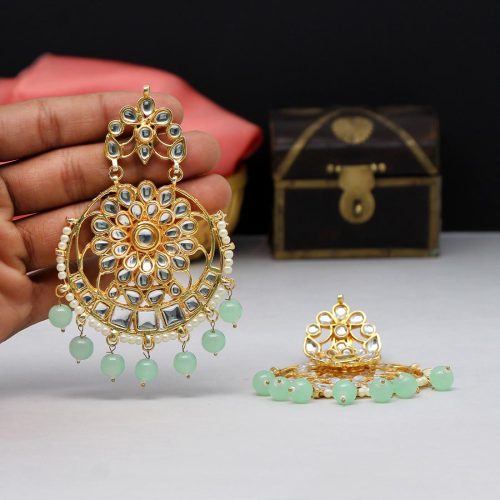 Pista Green Color Kundan Meenakari Earrings