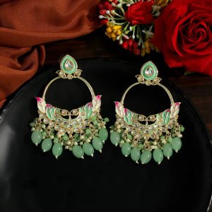 Pista Green Color Kundan Meenakari Earrings-0