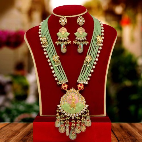 Pista Green Color Kundan Meenakari Necklace Set