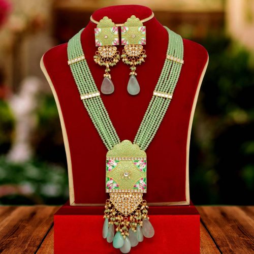 Pista Green Color Kundan Meenakari Necklace Set