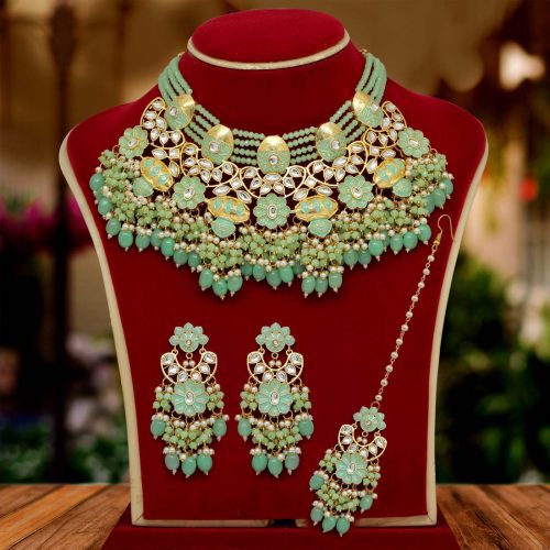 Pista Green Color Kundan Meenakari Necklace Set