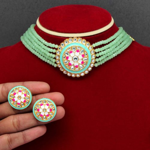 Pista Green Color Kundan Meenakari Necklace Set