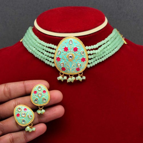 Pista Green Color Kundan Meenakari Necklace Set