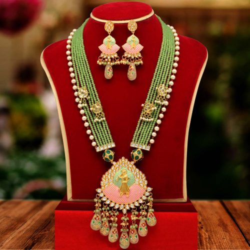 Pista Green Color Kundan Meenakari Necklace Set