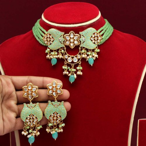 Pista Green Color Kundan Meenakari Necklace Set