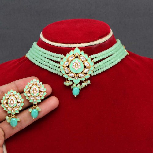 Pista Green Color Kundan Meenakari Necklace Set